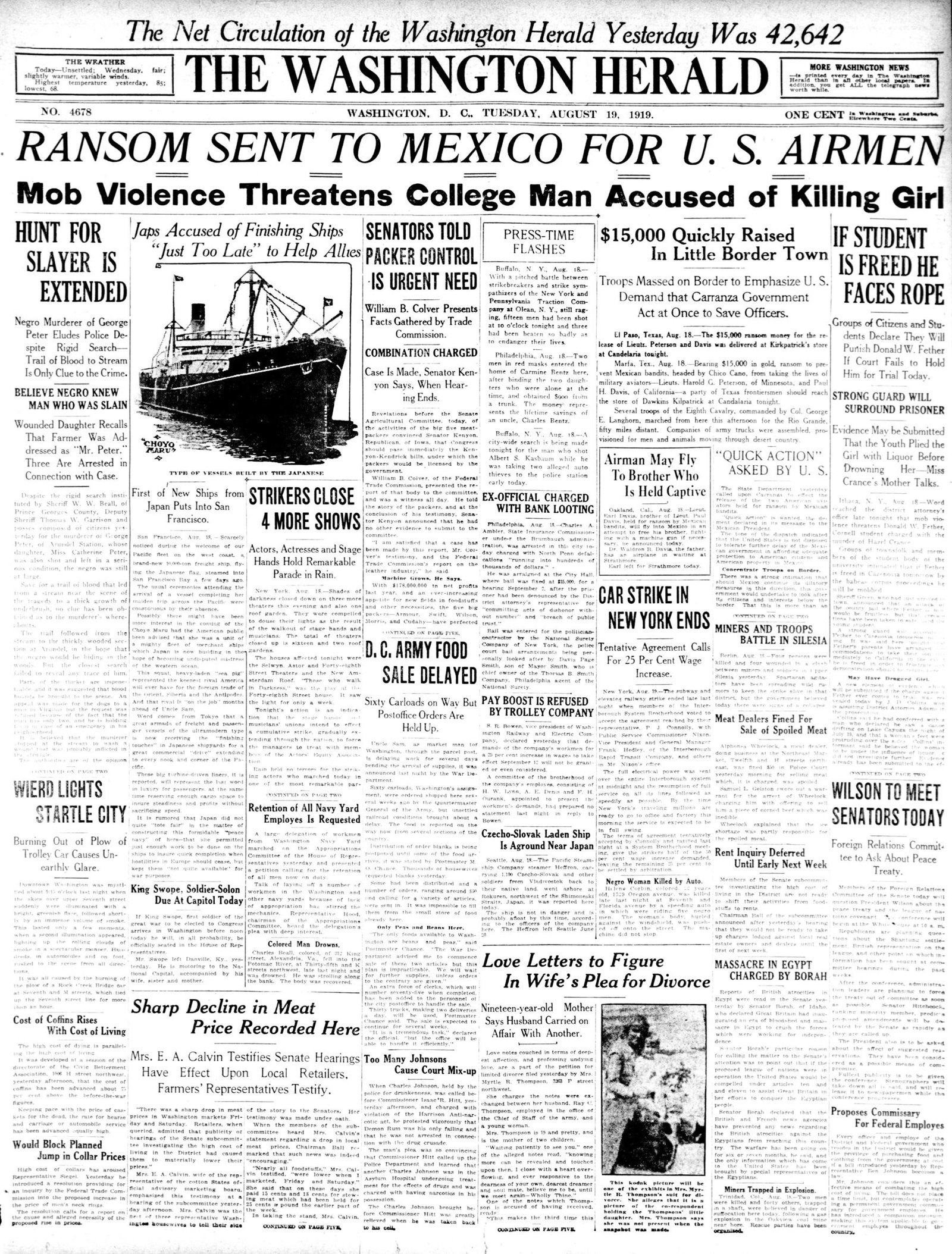 Front page, The Washington Herald, August 19, 1919