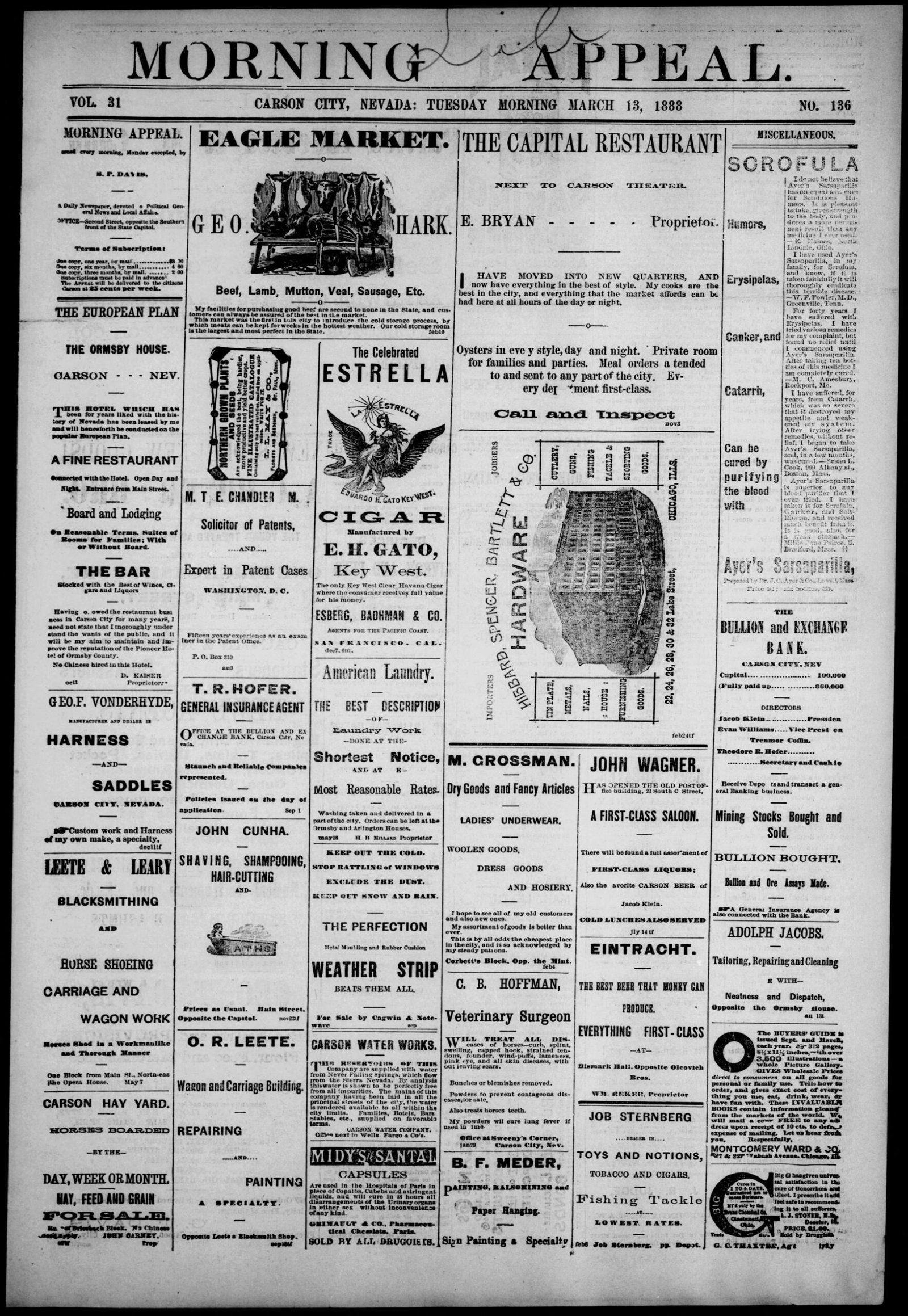 Front page, Morning Appeal, March 13, 1888