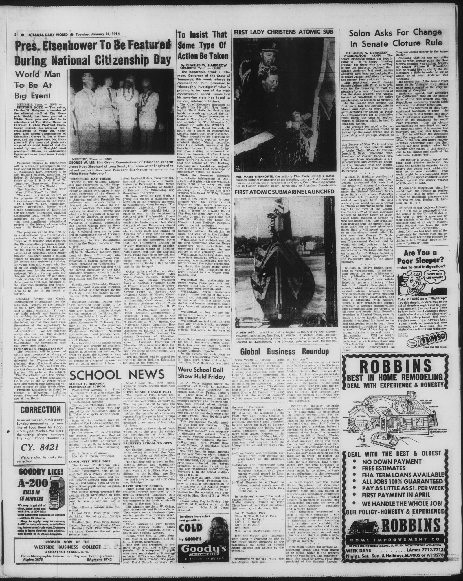 Front page, Atlanta Daily World, January 26, 1954