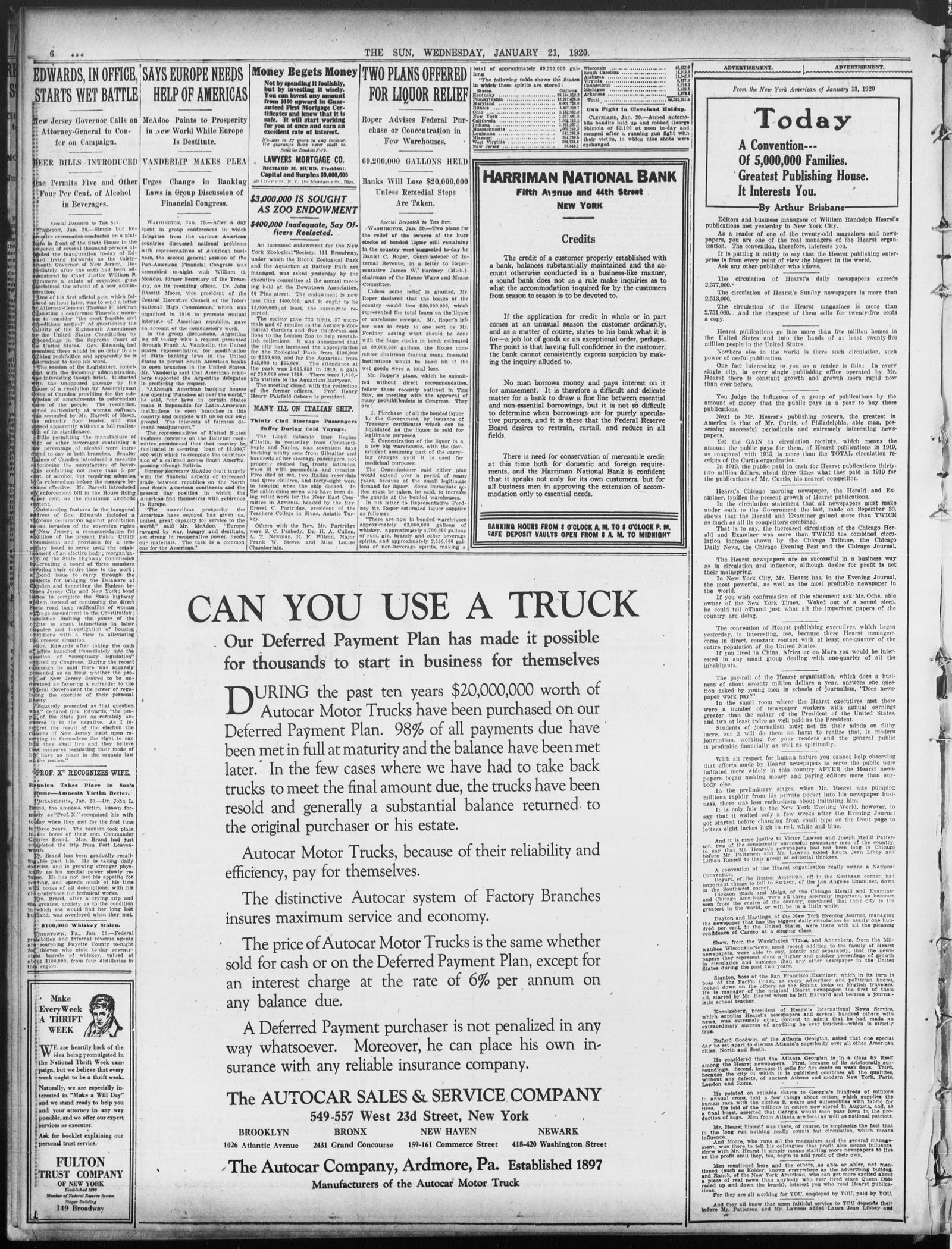 Front page, The Sun, January 21, 1920