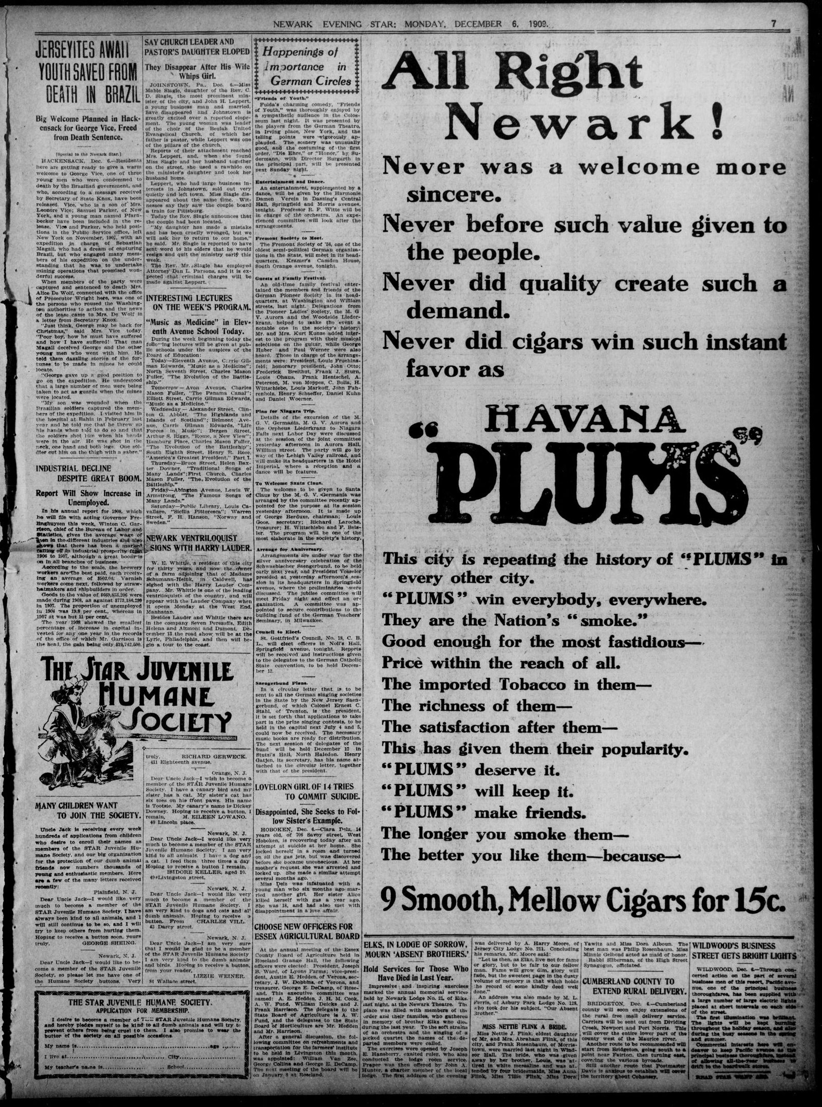 Front page, Newark Evening Star And Newark Advertiser, December 6, 1909