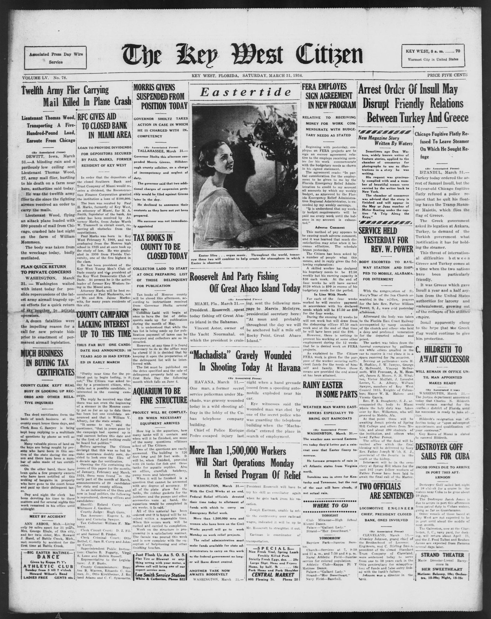 Front page, The Key West Citizen, March 31, 1934