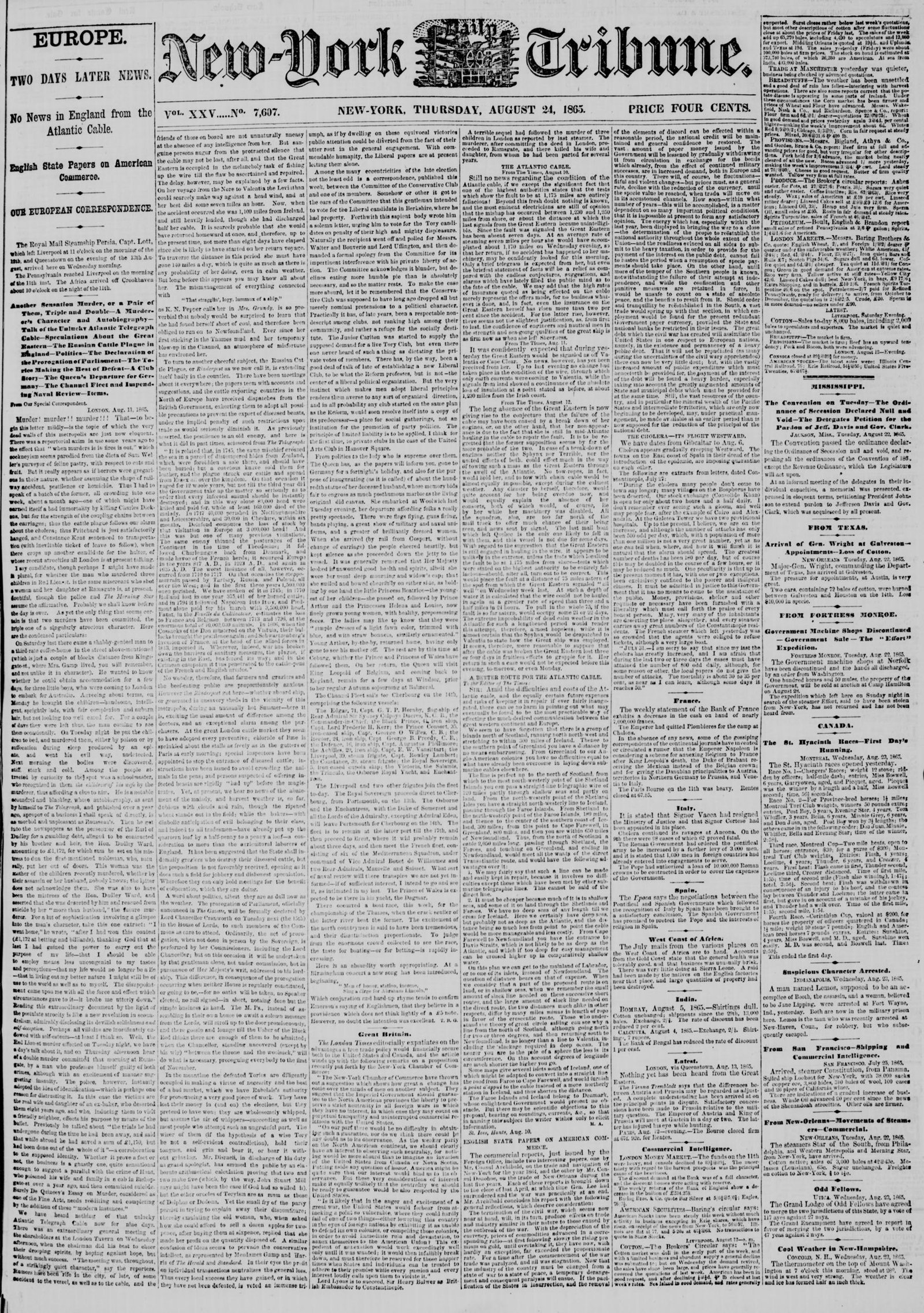 Front page, New-York Daily Tribune, August 24, 1865