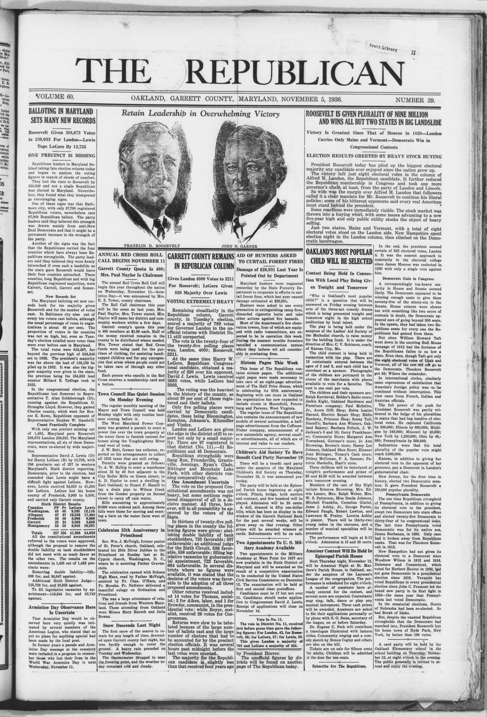 Front page, The Republican, November 5, 1936