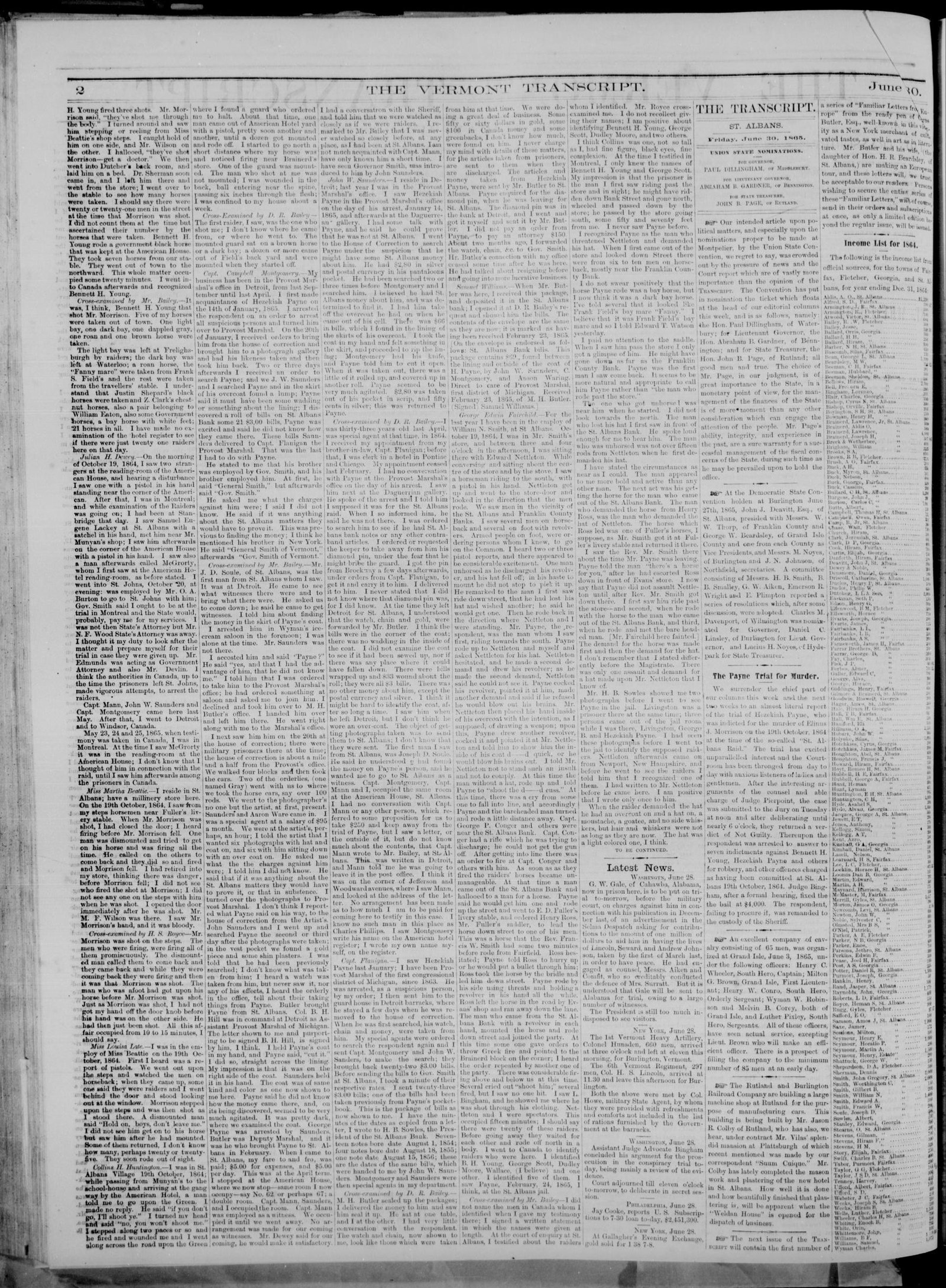 Front page, The Vermont Transcript, June 30, 1865