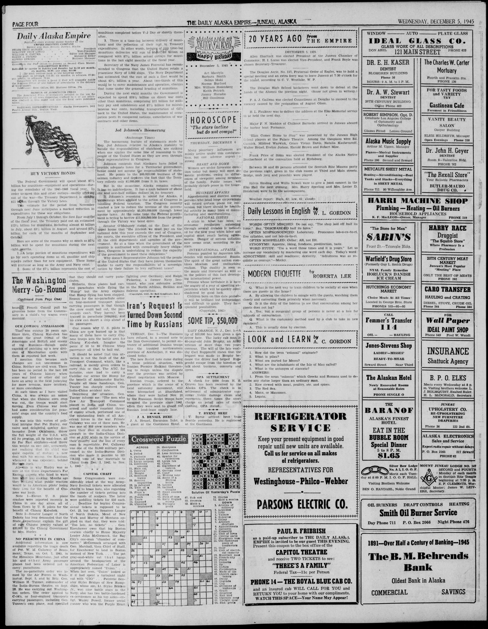 Front page, The Seward Polaris, December 5, 1945