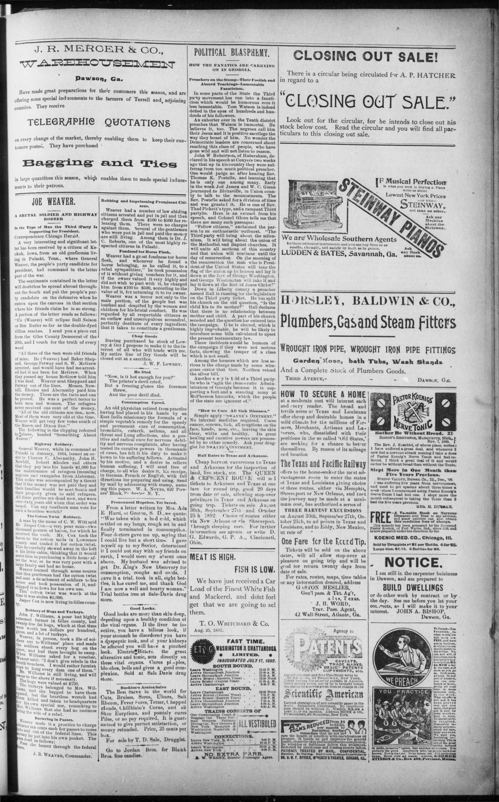 Front page, The Morning News, September 14, 1892