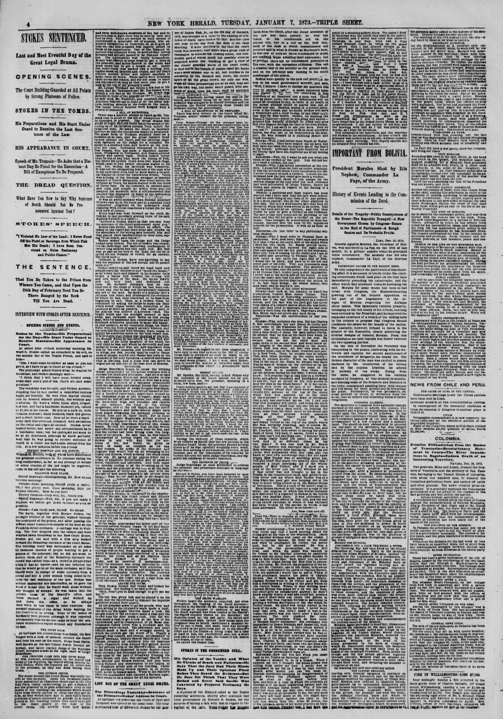 Front page, The New York Herald, January 7, 1873