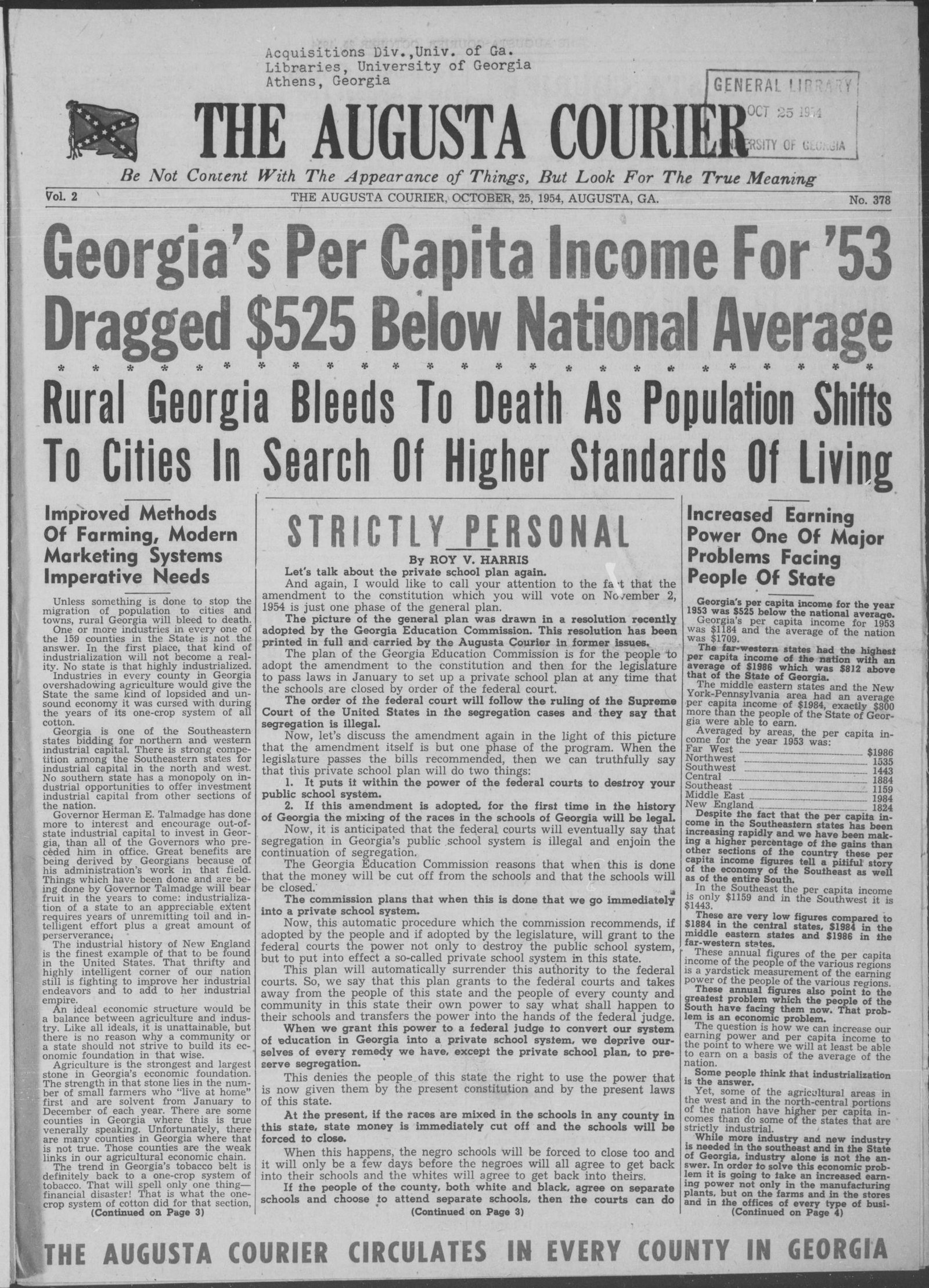 Front page, The Augusta Courier, October 25, 1954