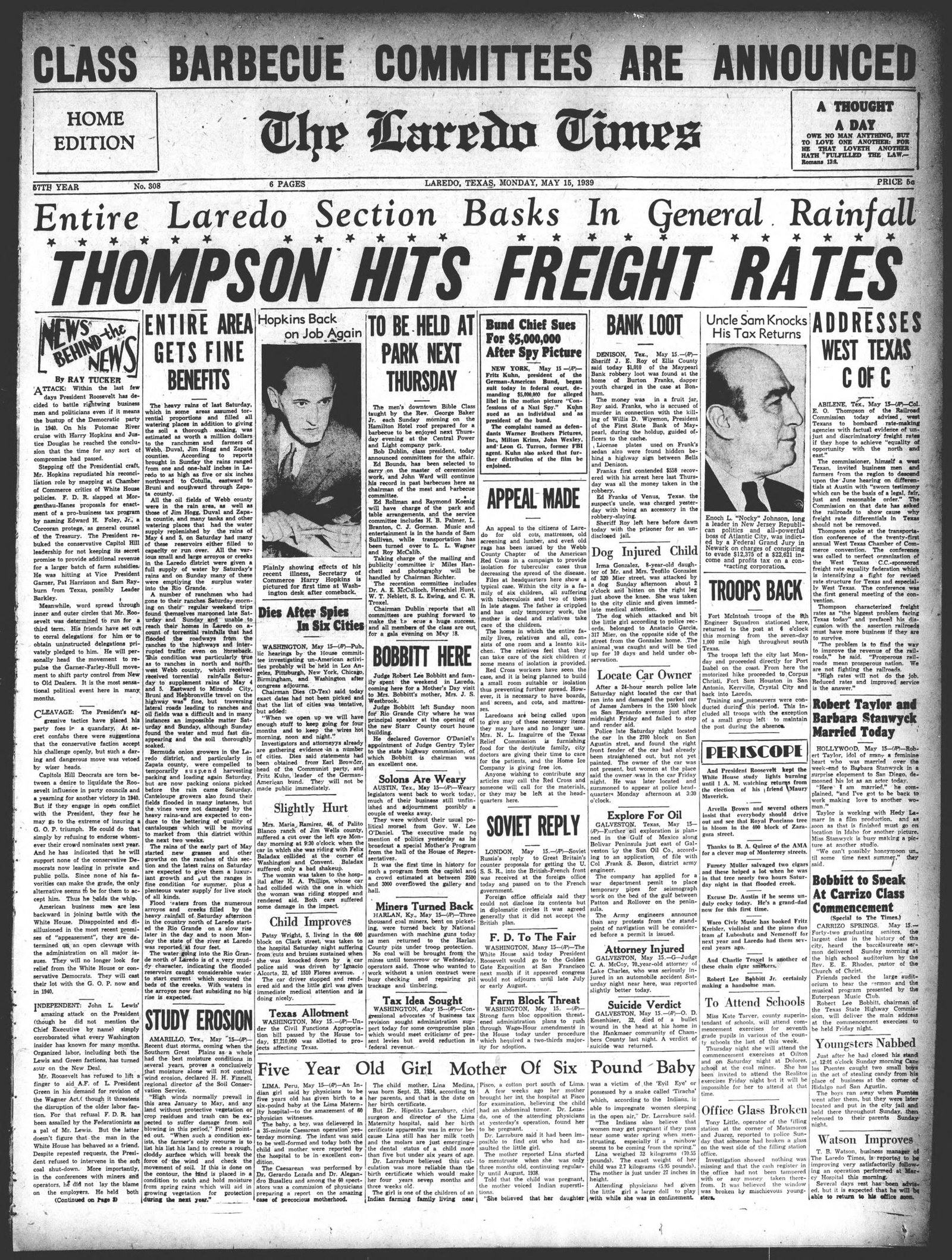 Front page, McAllen Daily Press, May 15, 1939