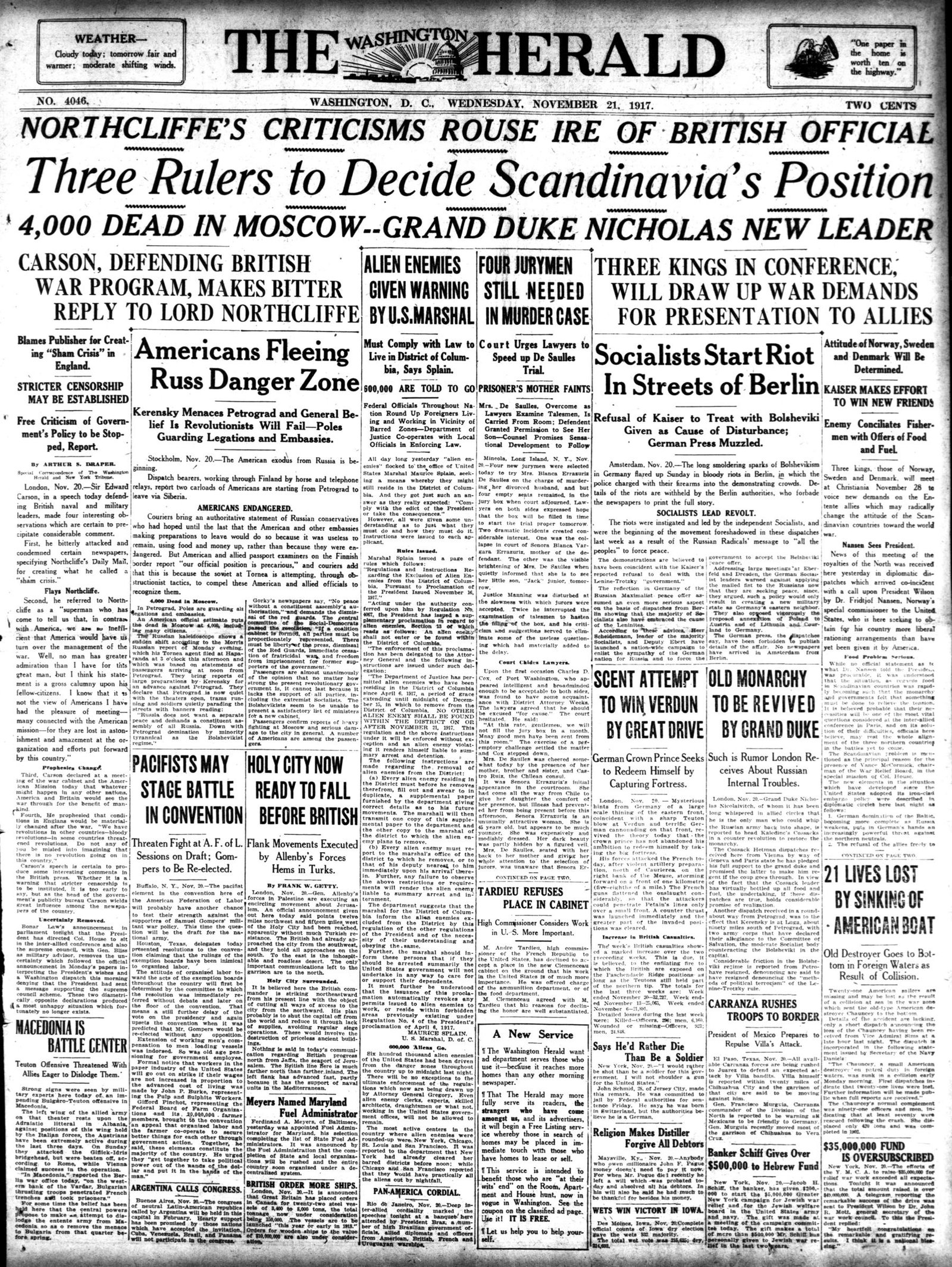Front page, The Washington Herald, November 21, 1917