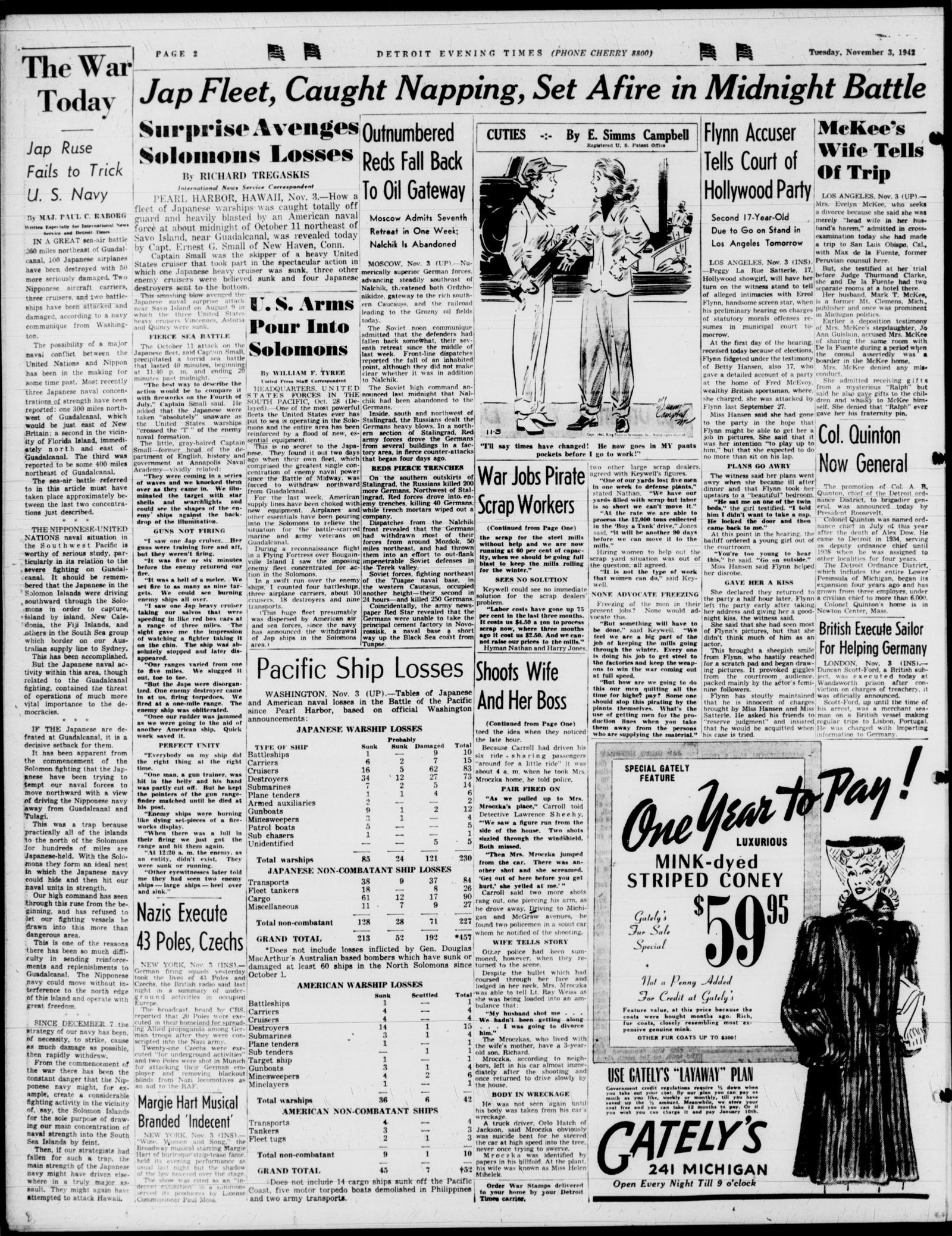 Front page, Detroit Evening Times, November 3, 1942