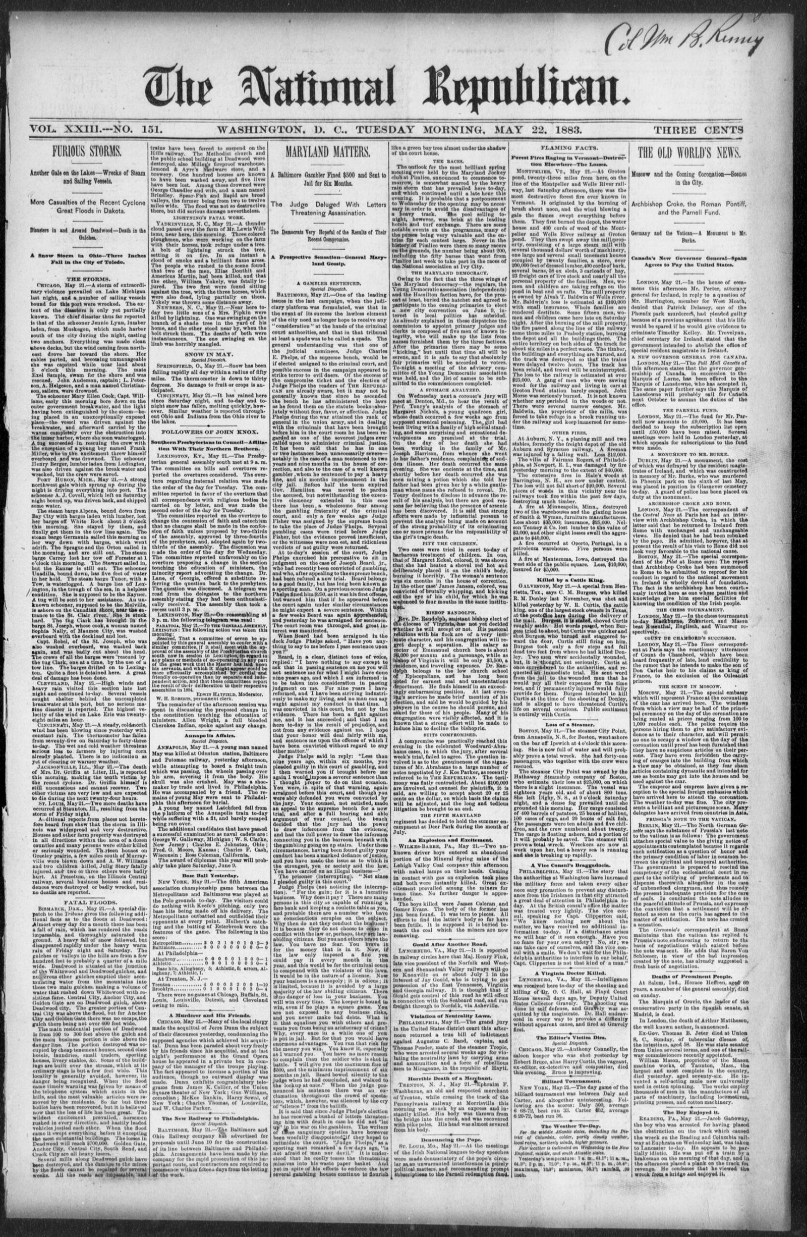 Front page, National Republican, May 22, 1883