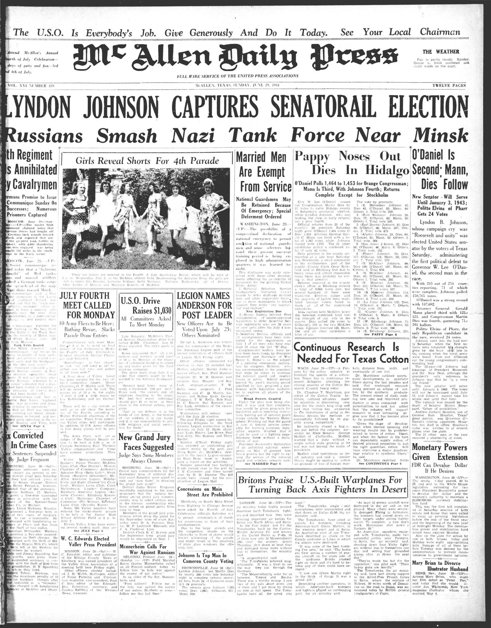 Front page, McAllen Daily Press, June 29, 1941