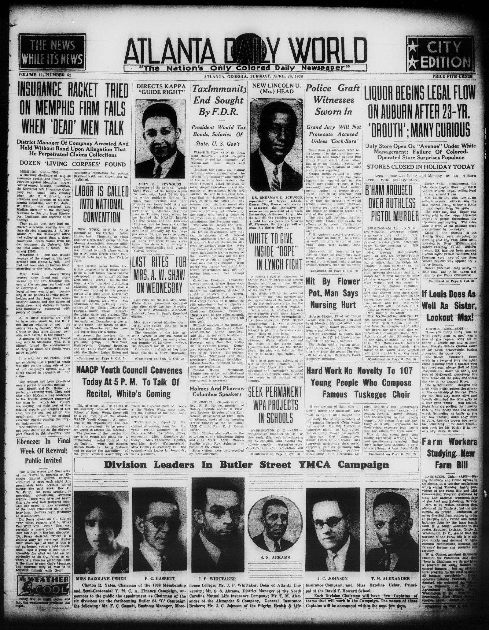 Front page, Atlanta Daily World, April 26, 1938