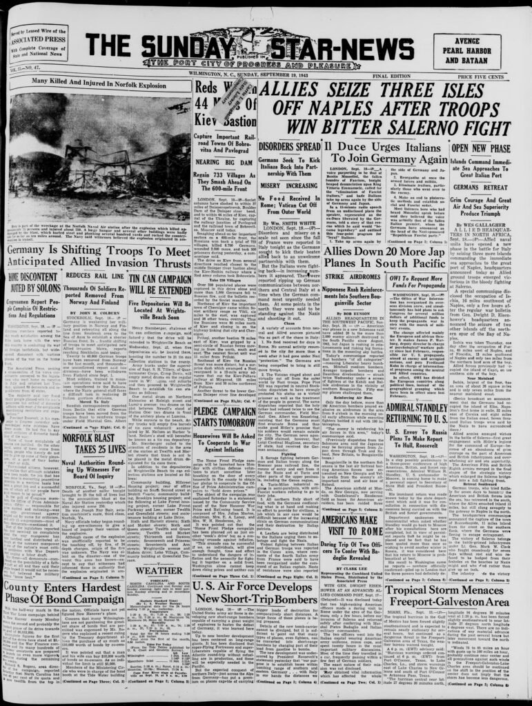 Full page: Norfolk Naval Air Station Explosion Injures Hundreds in September 1943