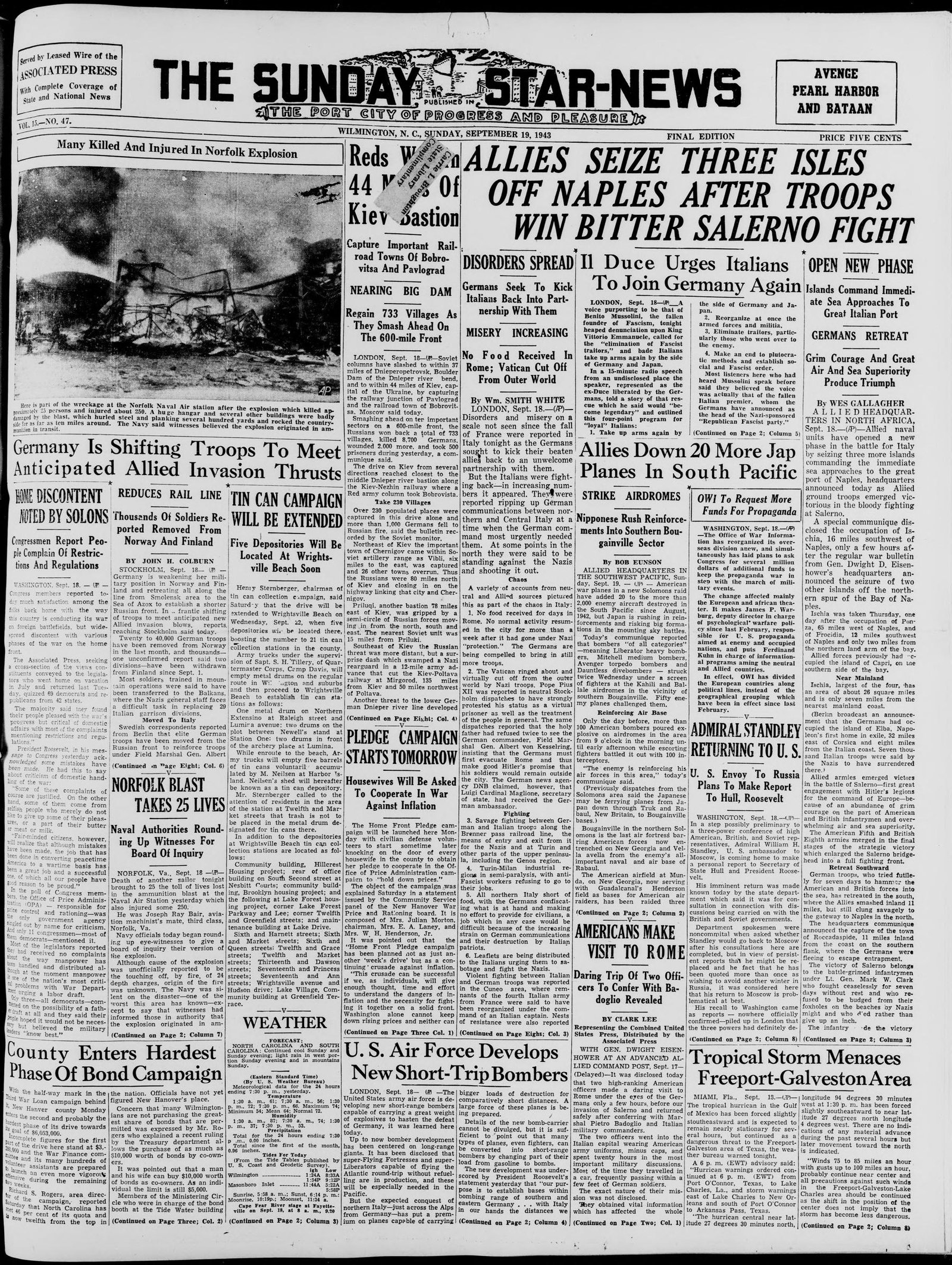 Front page, The Wilmington Morning Star, September 19, 1943