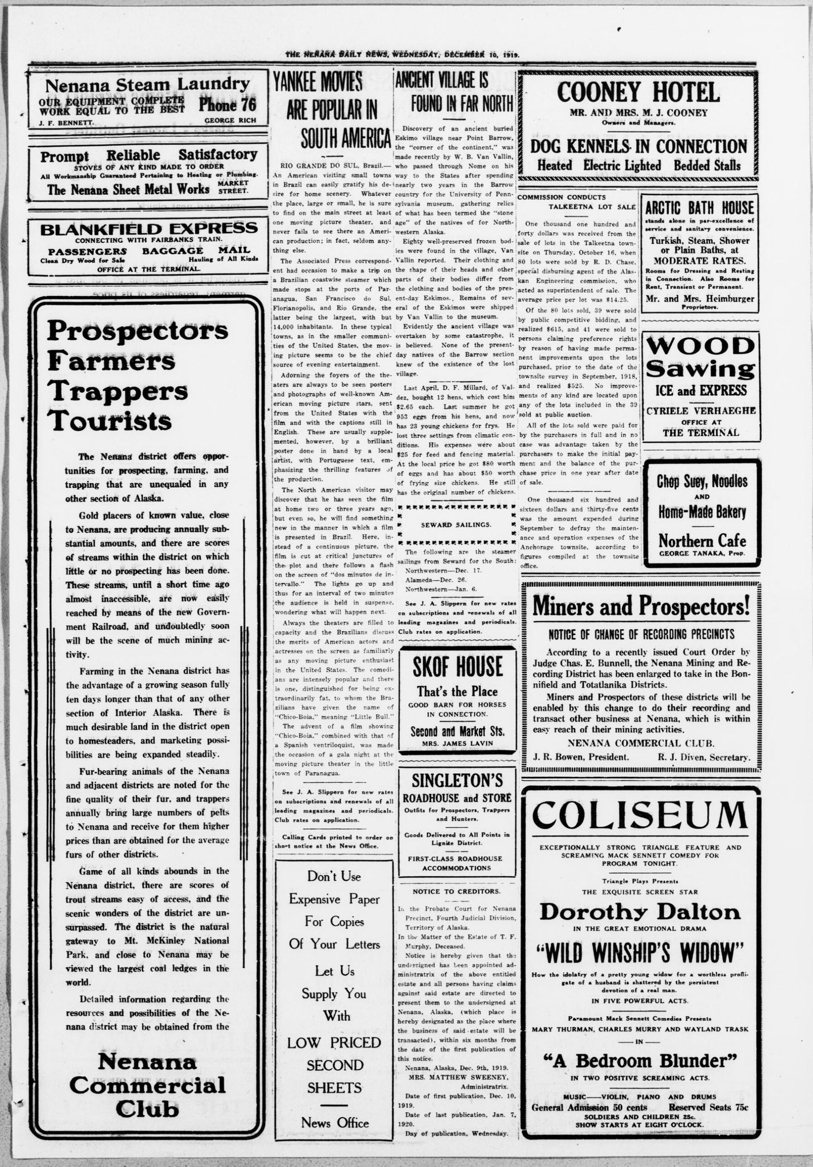 Front page, The Nenana Daily News, December 10, 1919