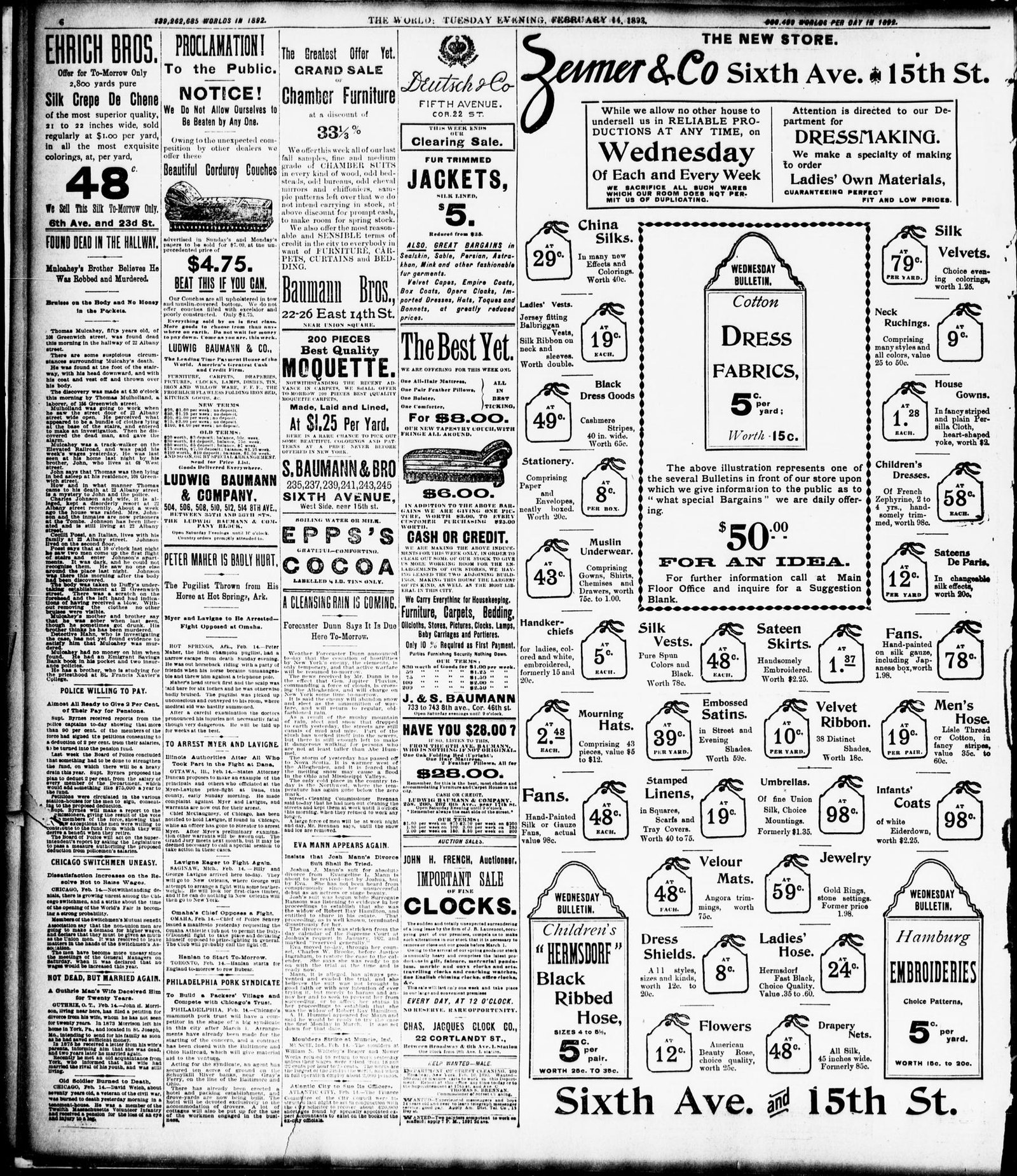 Front page, The Evening World, February 14, 1893