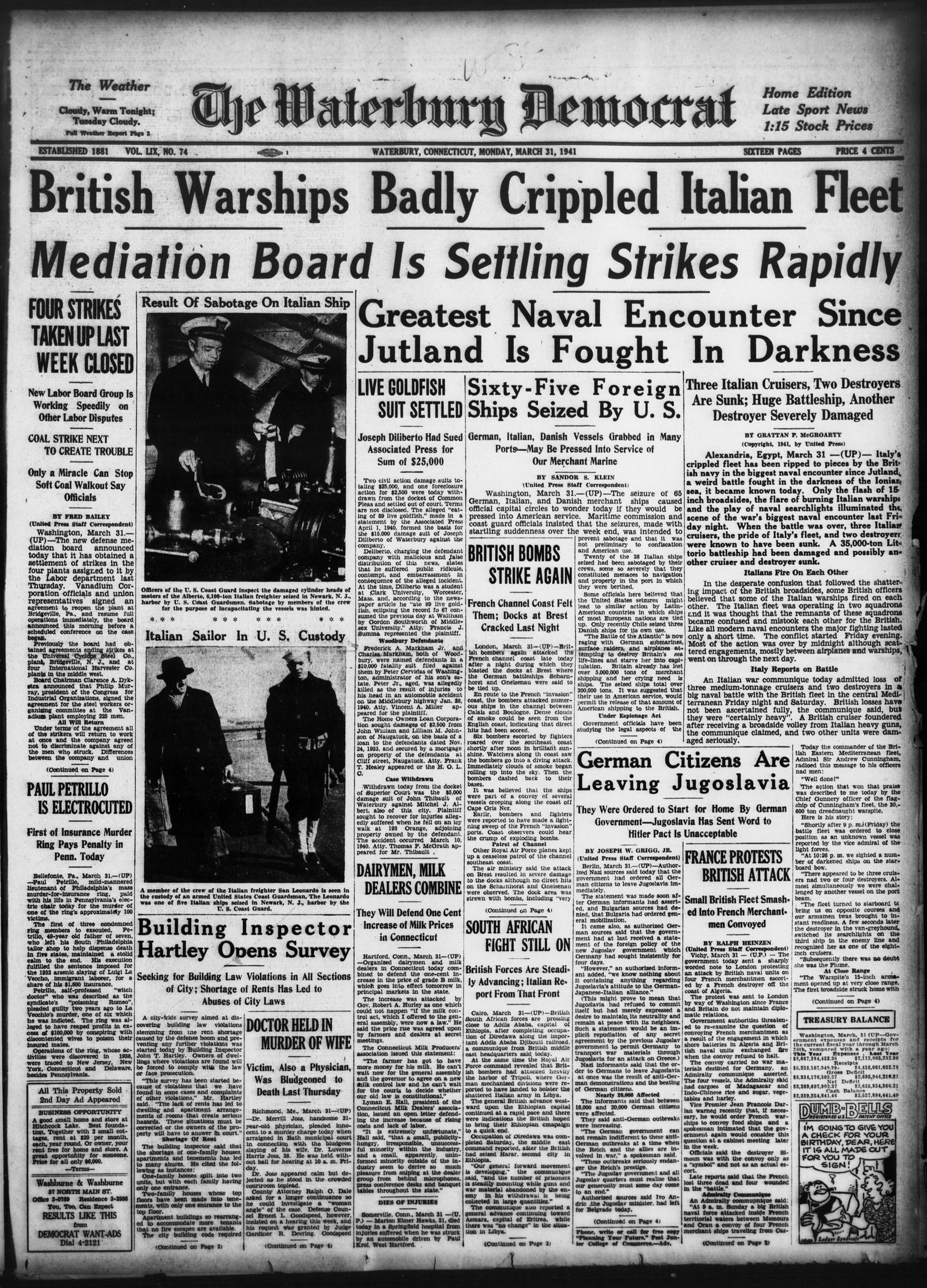 Front page, The Waterbury Democrat, March 31, 1941