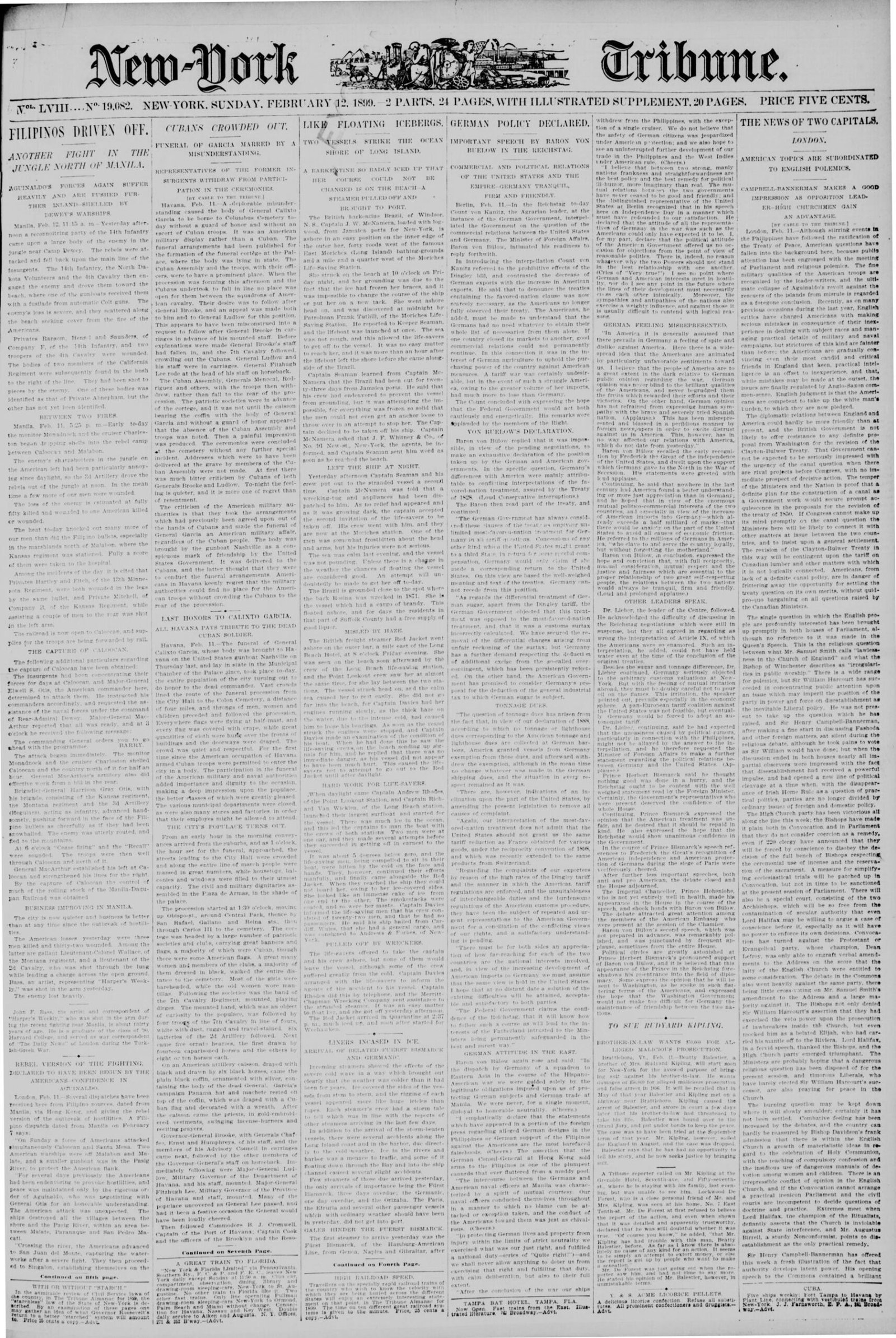 Front page, The Times, February 12, 1899