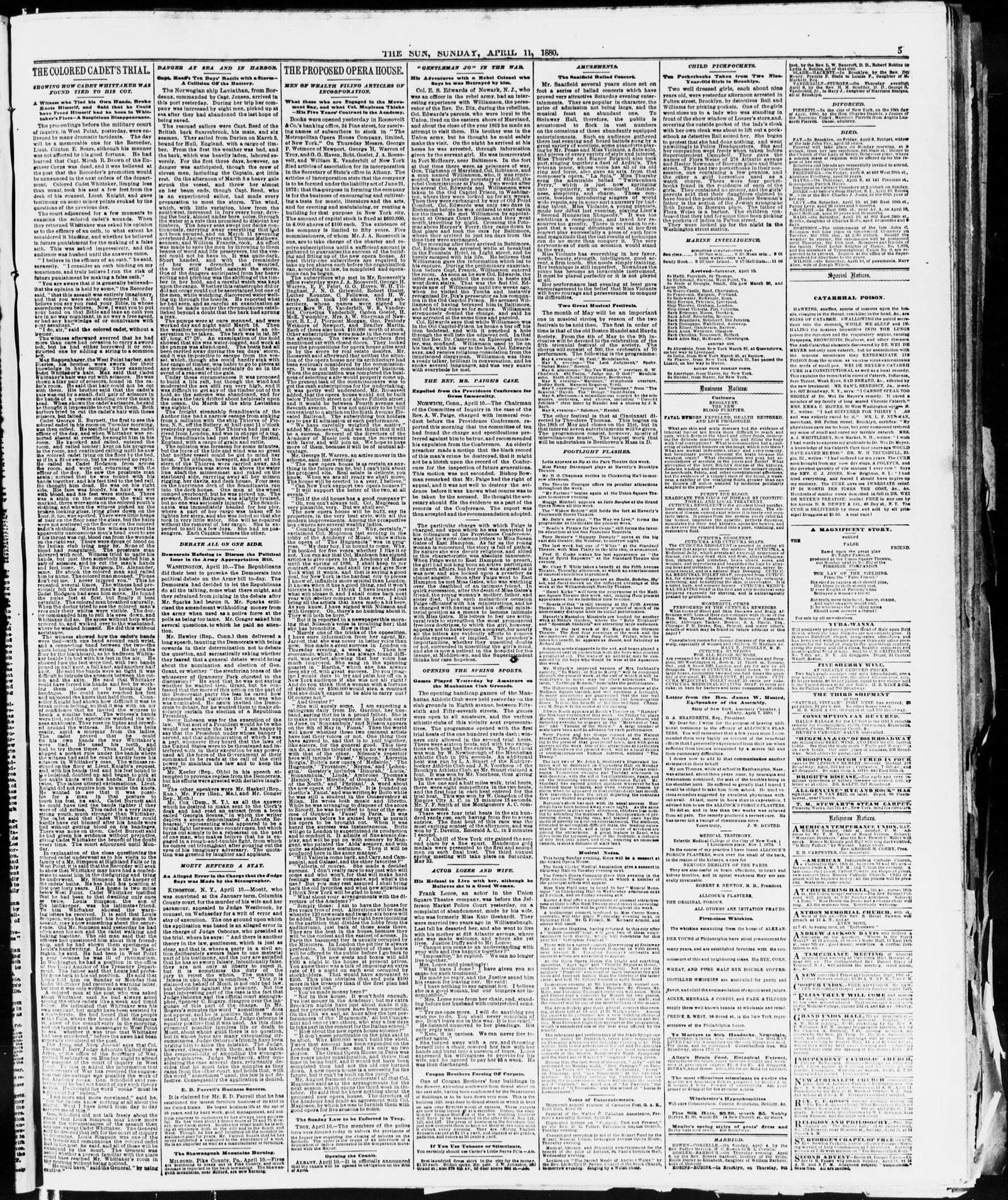 Front page, The Sun, April 11, 1880