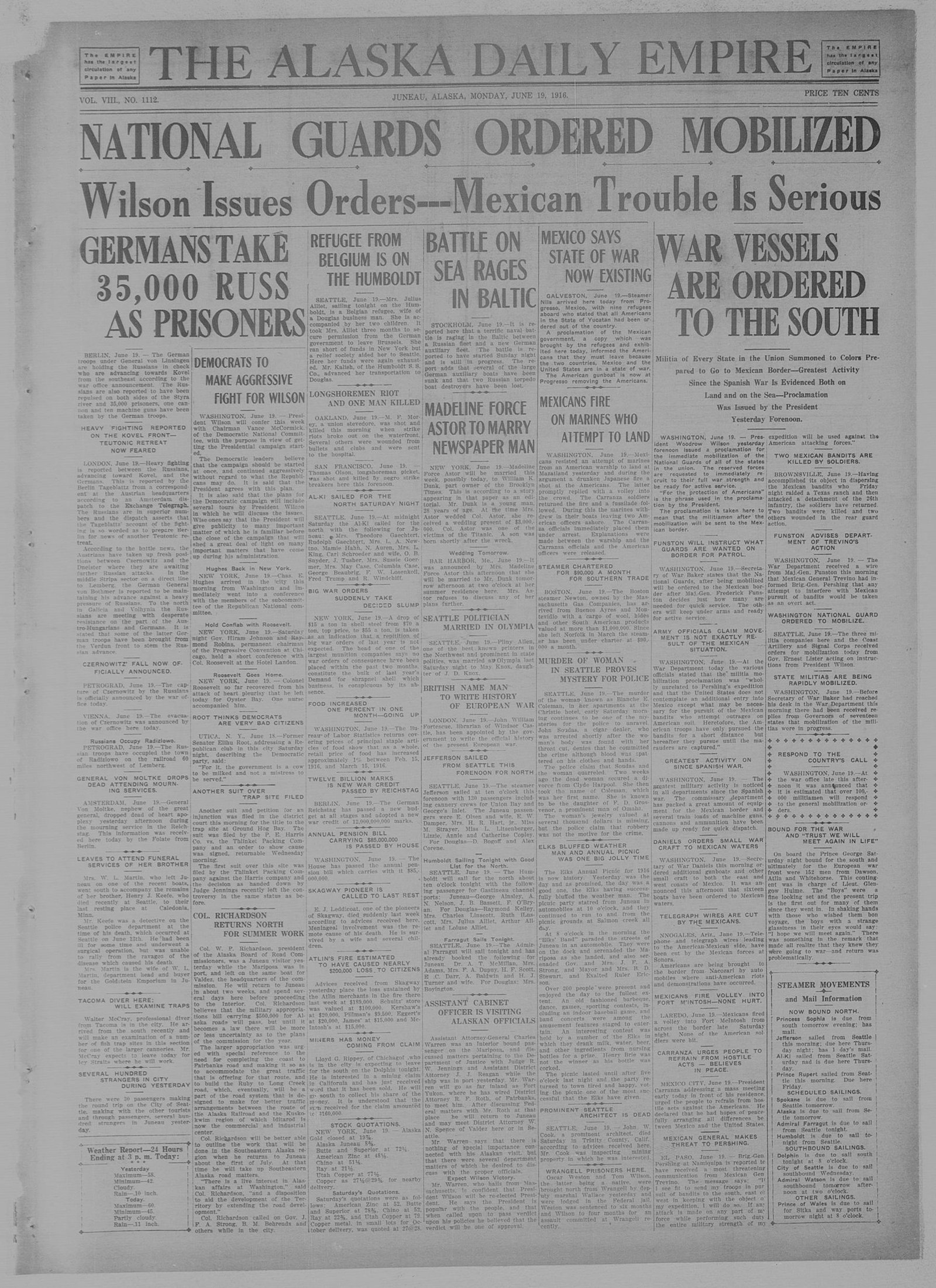 Front page, The Alaska Daily Empire, June 19, 1916